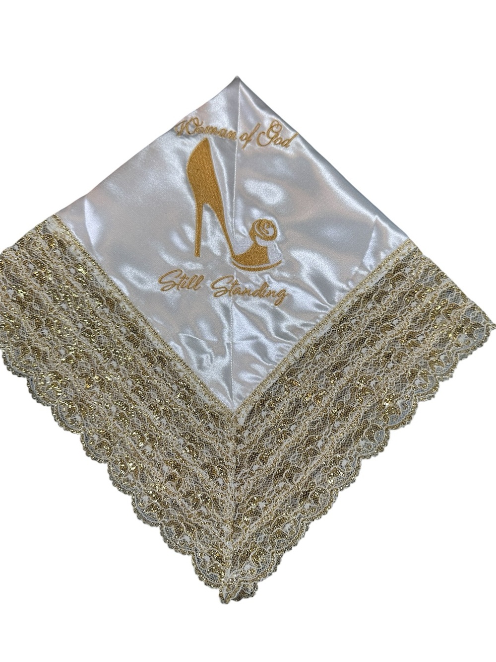 White Satin Embroidered Church Handkerchief with White Lace Trim